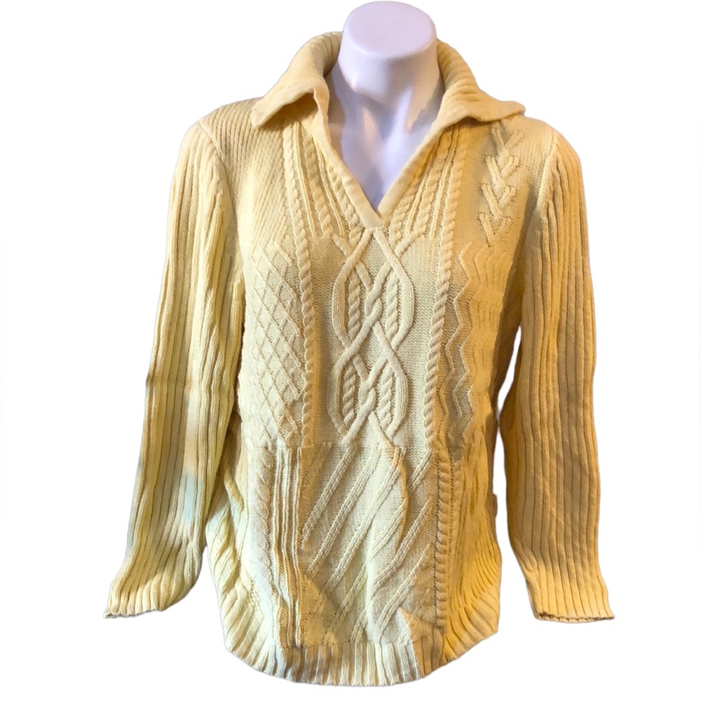 LIZ CLAIBORNE V NECK CABLE RIBBED KNIT SWEATER BUTTER YELLOW SIZE PXL